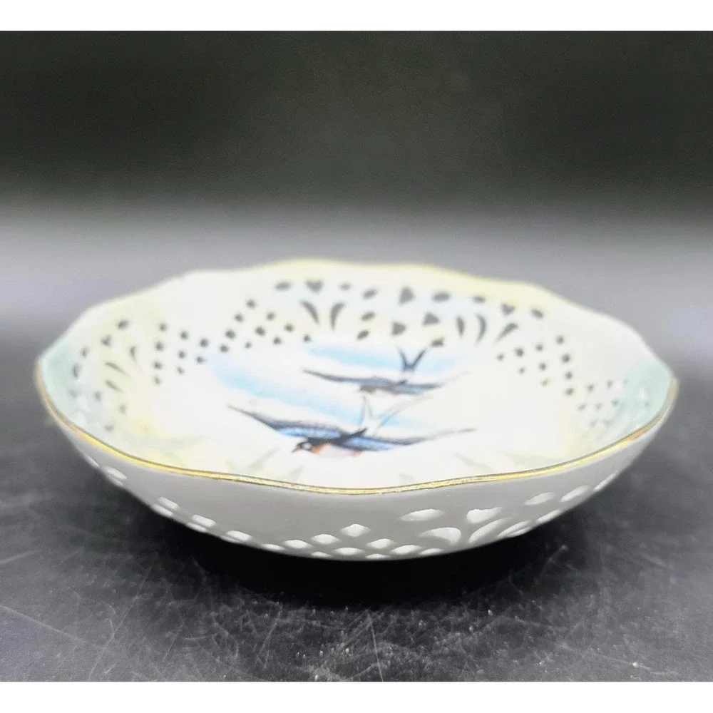 Vintage Hand Painted Pierced Porcelain Bowl Candy Dish Bird Swallow 7.75